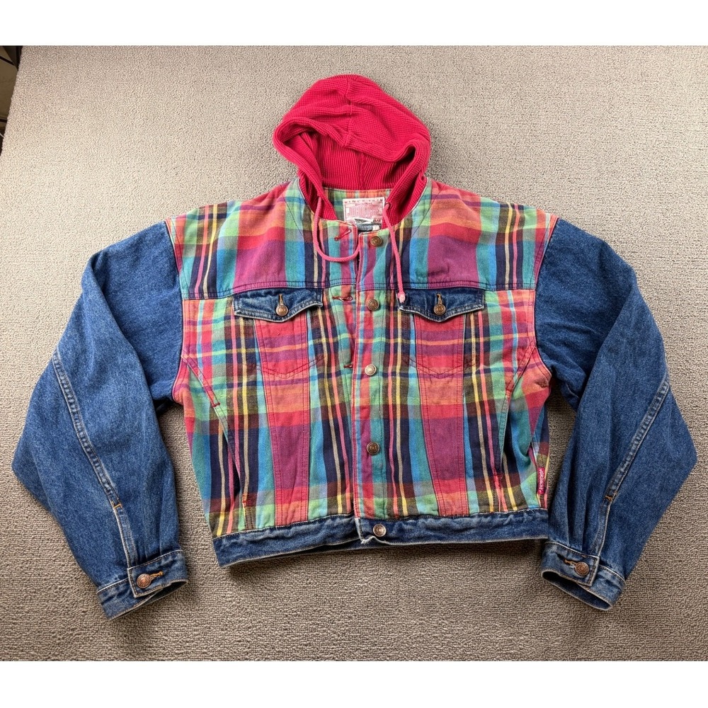 Vintage Jordache Denim Jacket Women L Multicolor Plaid Hong Kong Made Grunge
